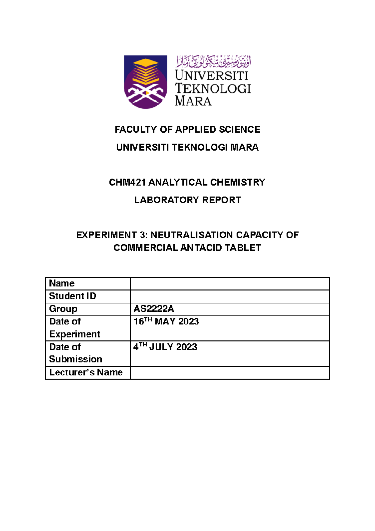 CHM421 EXP 3 - LAB REPORT - FACULTY OF APPLIED SCIENCE UNIVERSITI ...