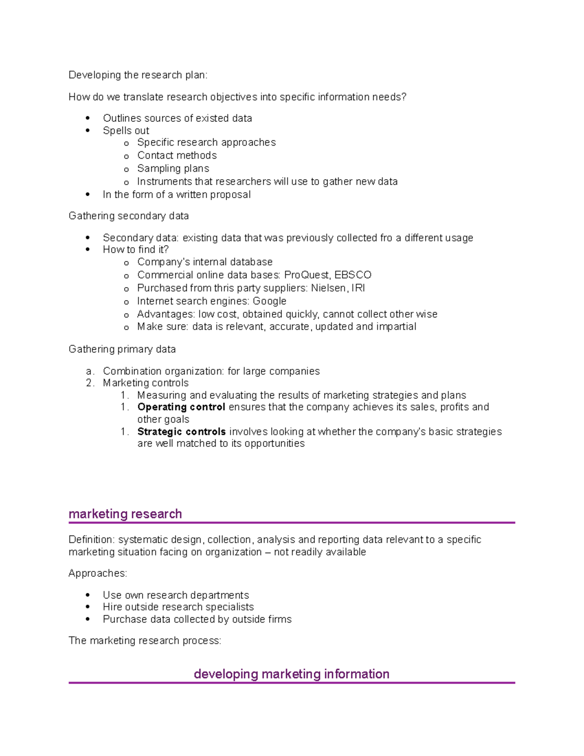 marketing notes chapter 3 - Developing the research plan: How do we ...