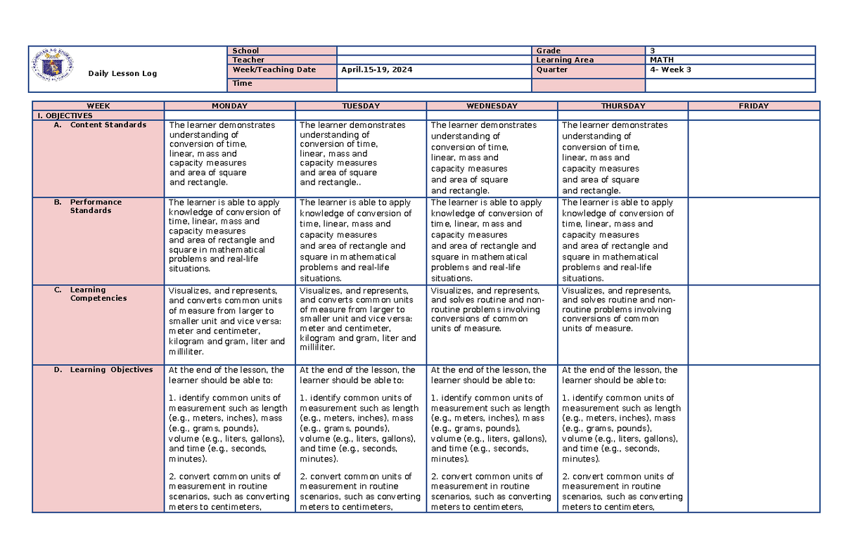 MATH - Daily Lesson Log School Grade 3 Teacher Learning Area MATH Week ...