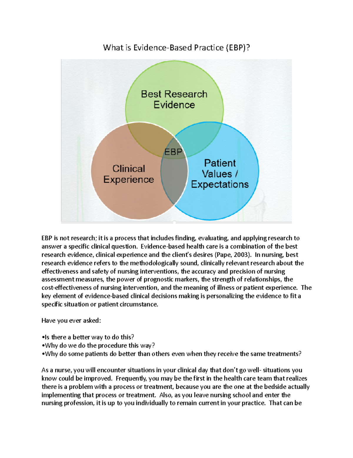 Ebp week 1.docx - Lecture notes - What is Evidence-Based Practice (EBP ...