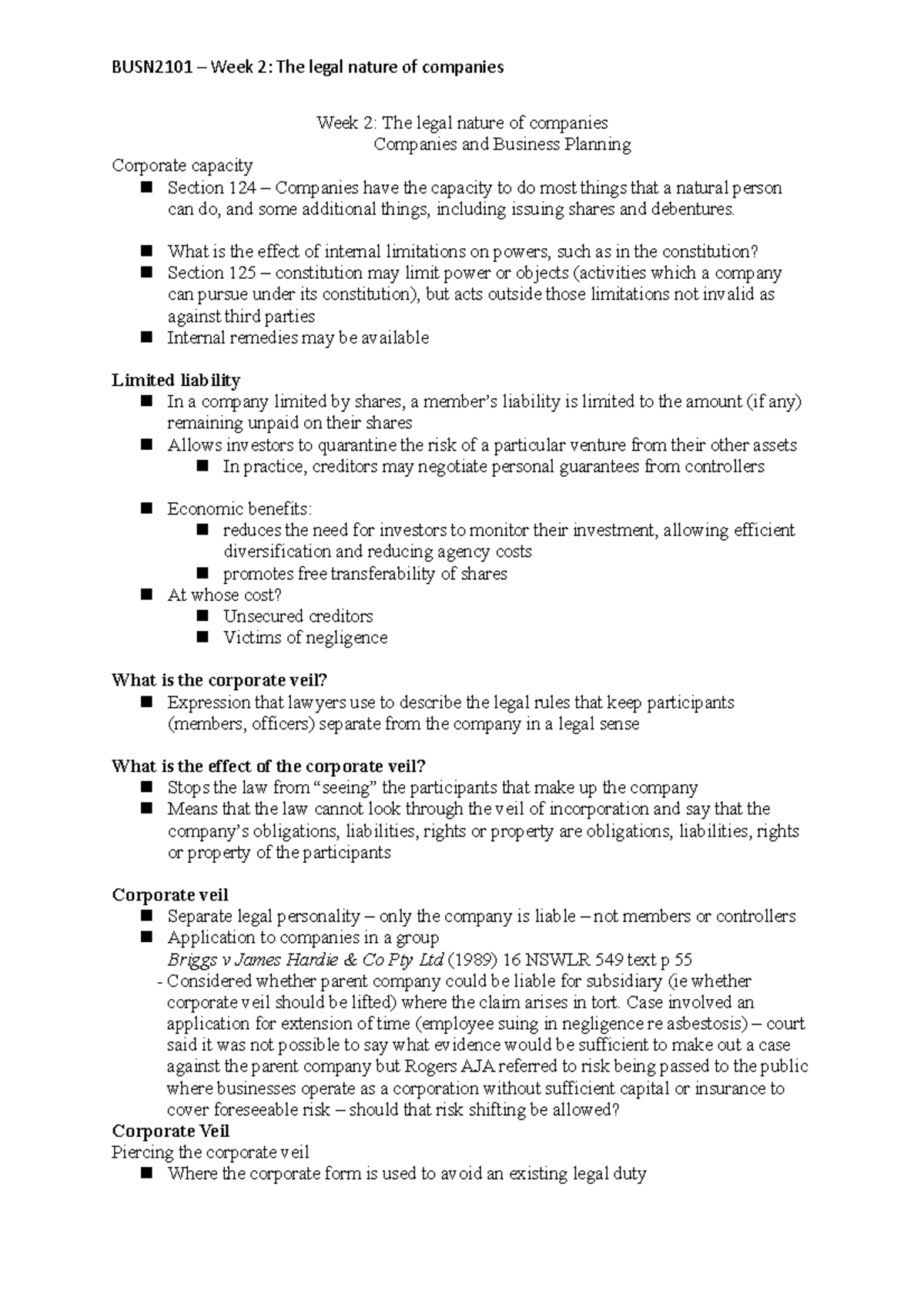 BUSN2101 – Week 2 - BUSN2101 Week 2: The legal nature of companies Week ...