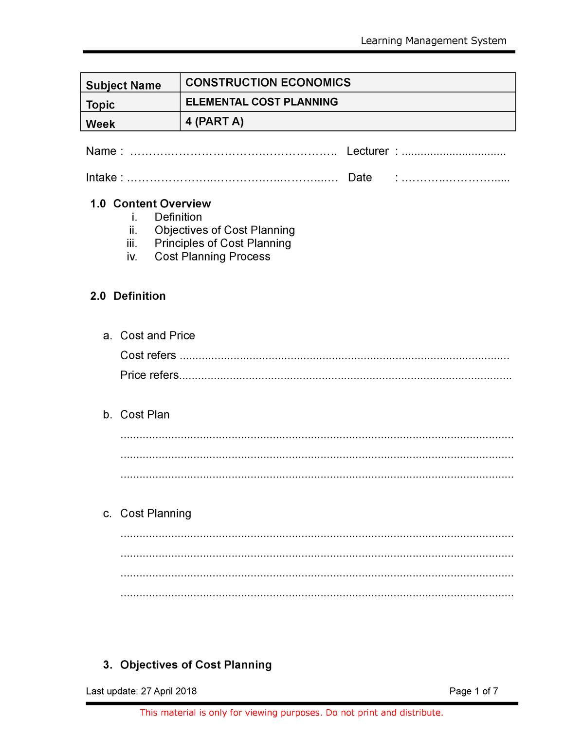 Construction Economics 1-Elemental Cost Planning Part A - Subject Name ...