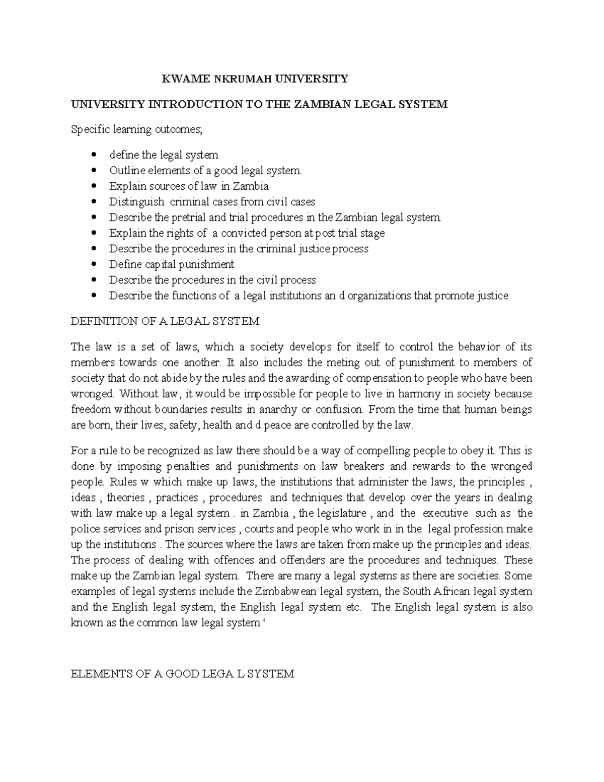 Introduction TO THE Zambian Legal System KWAME NKRUMAH UNIVERSITY