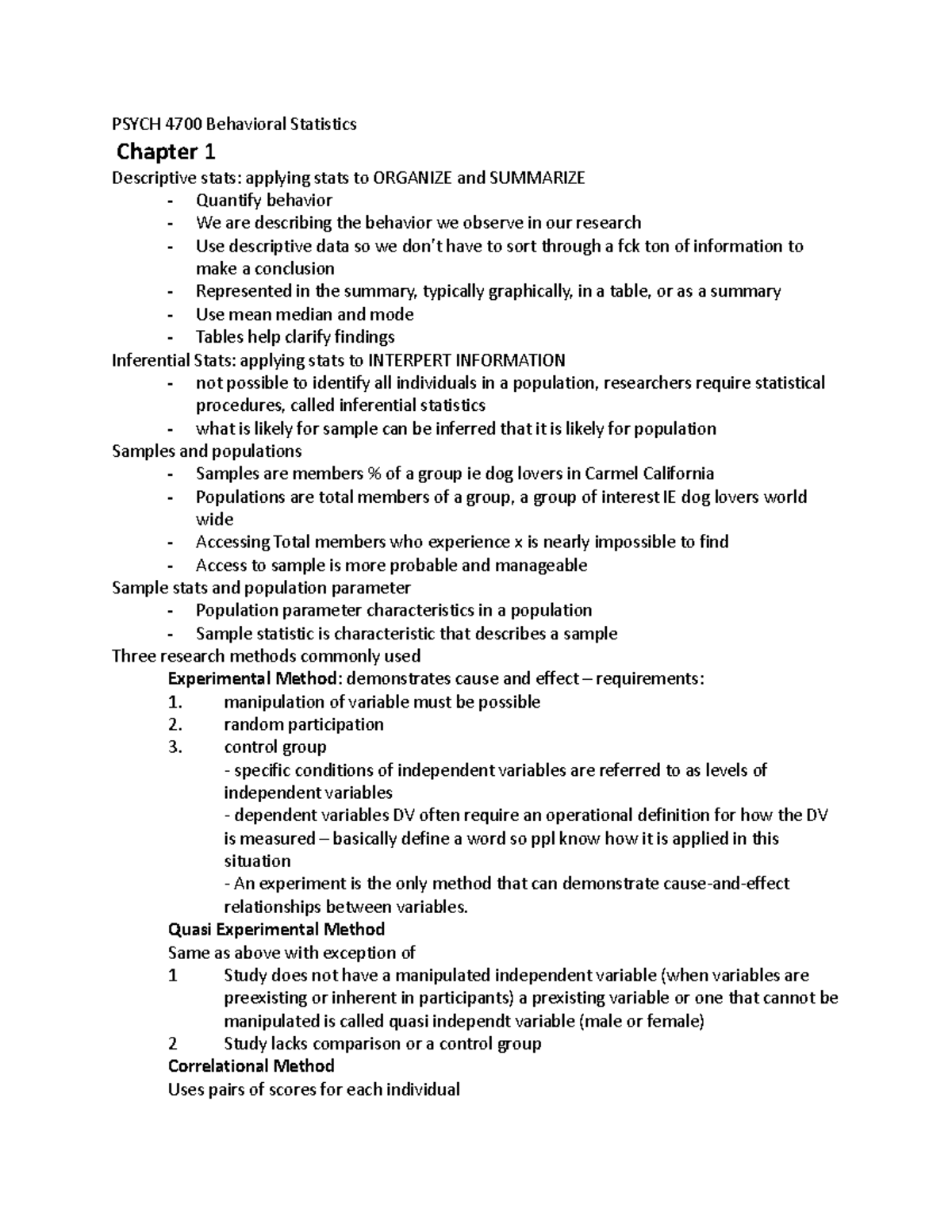 Notes Psych 4700 Behavioral Statistics - PSYCH 4700 Behavioral ...