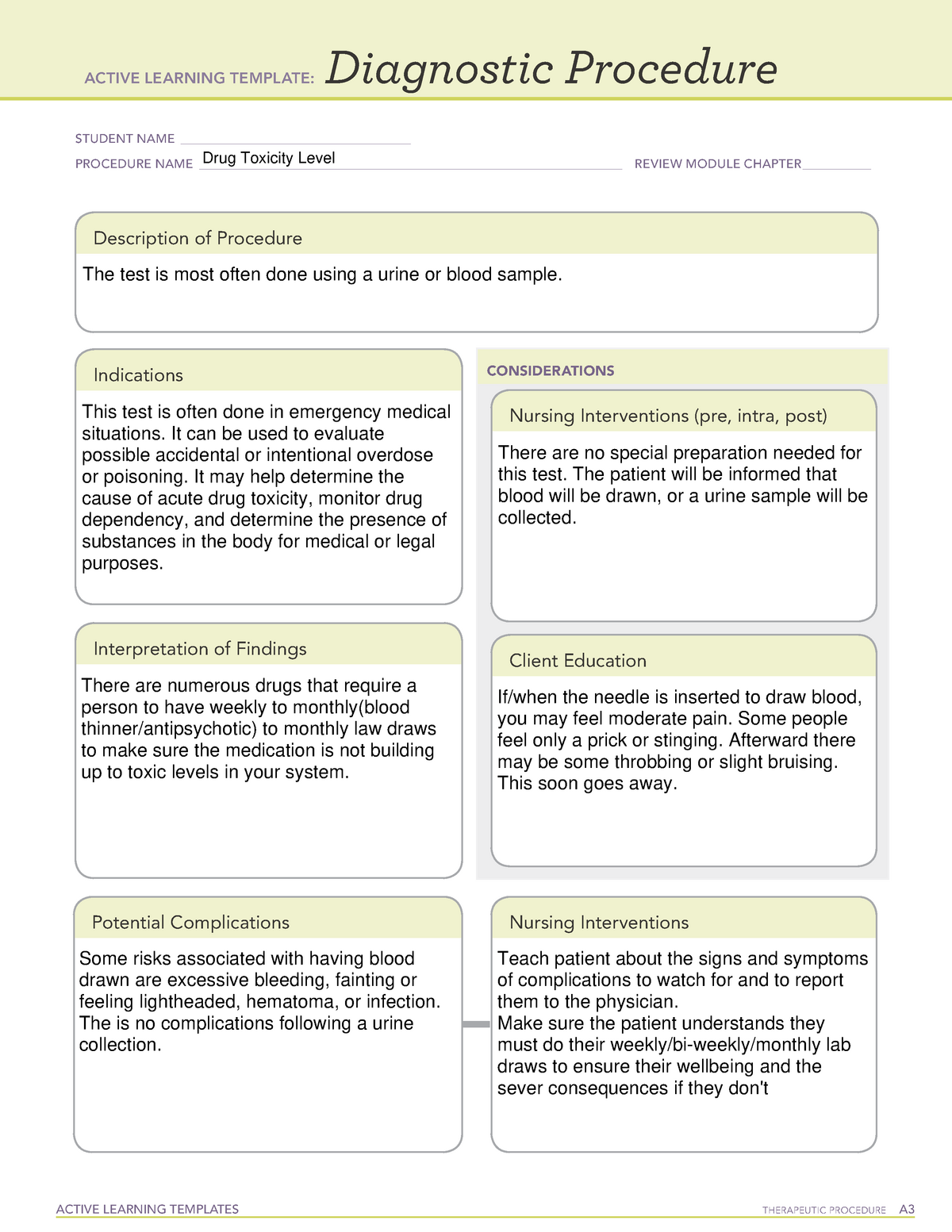 ATI Drug Toxicity Level Diagnostic Procedure Sheet - ACTIVE LEARNING ...