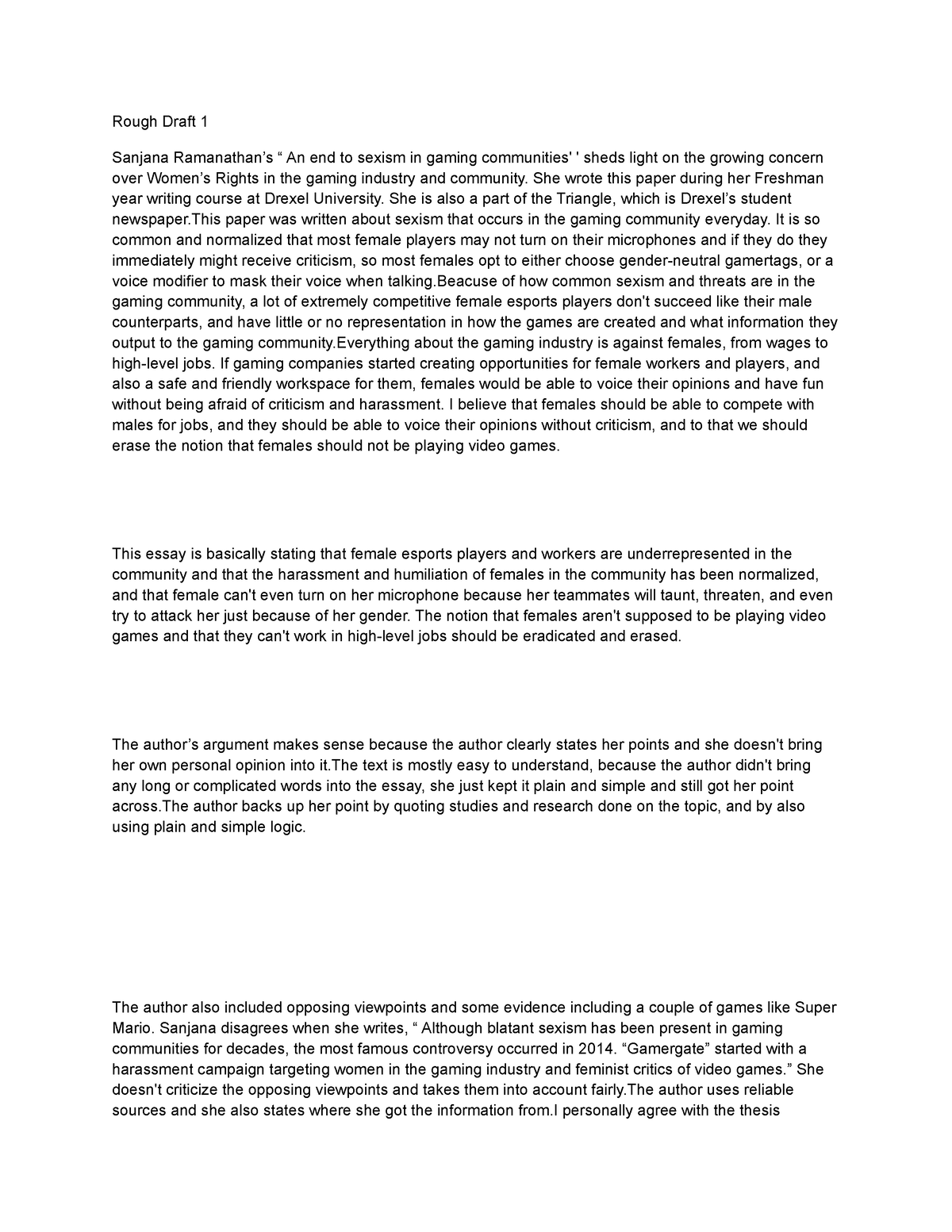 Rough Draft Paper Rough Draft 1 Sanjana Ramanathans “ An End To Sexism In Gaming Communities 4663