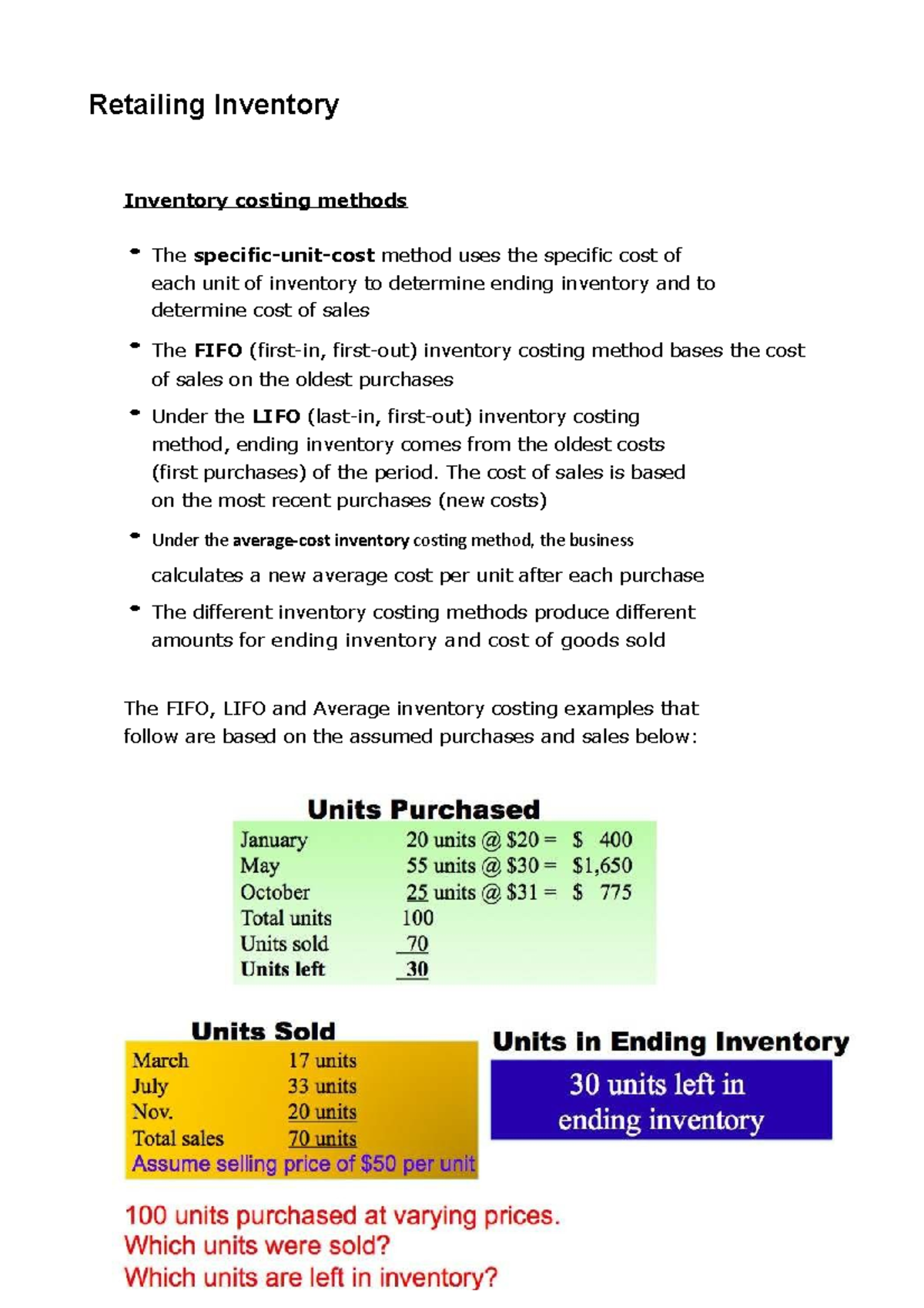 Retailing Inventory - Retailing Inventory Inventory costing methods The ...