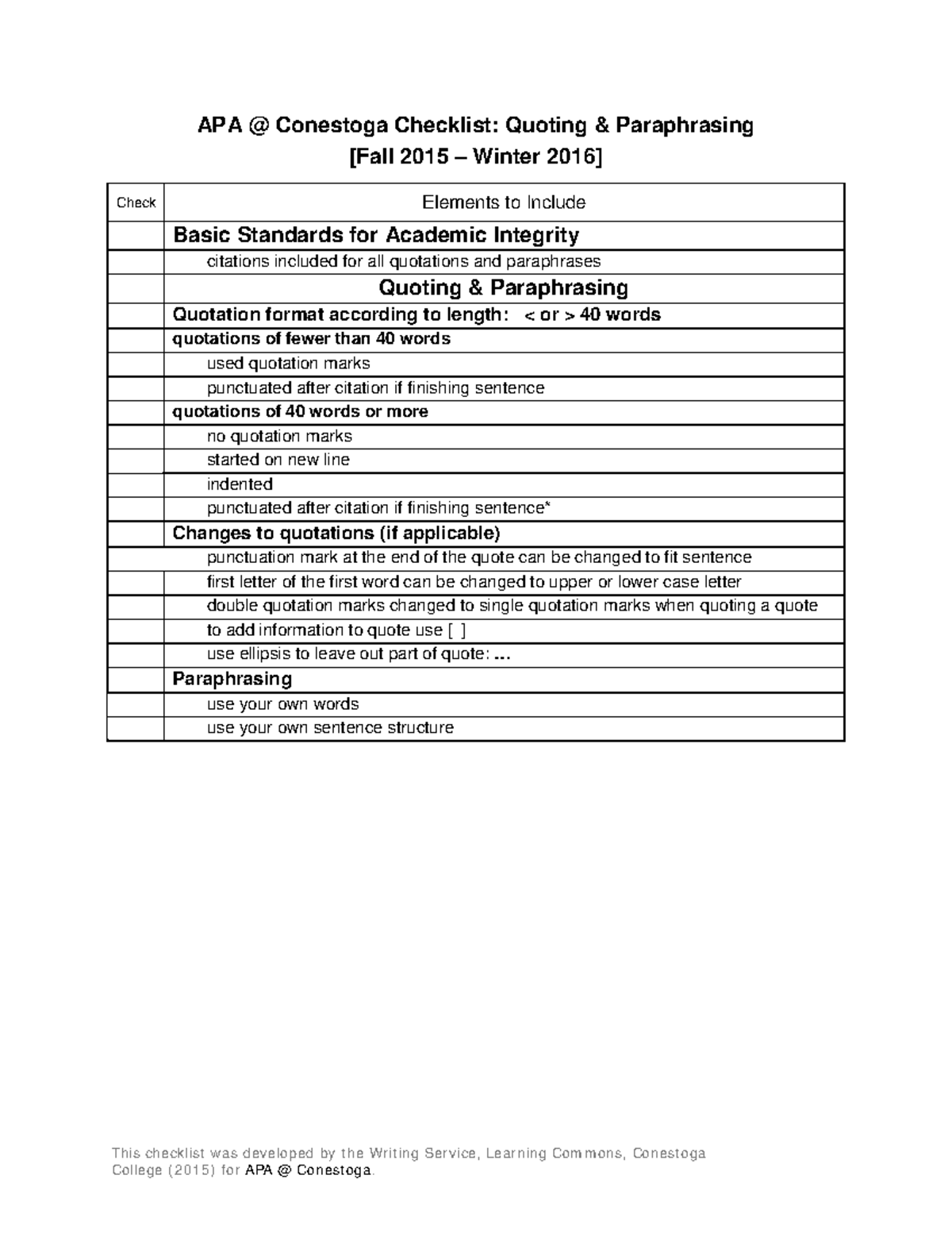 Quoting & Paraphrasing (2015 ) APA Conestoga Checklist Quoting
