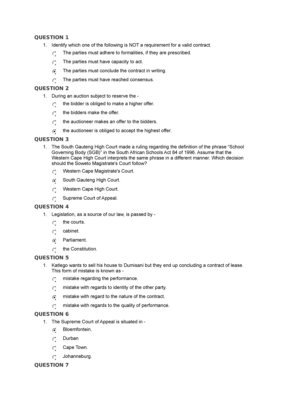 Business Law Practice Questions - QUESTION 1 Identify Which One Of The ...