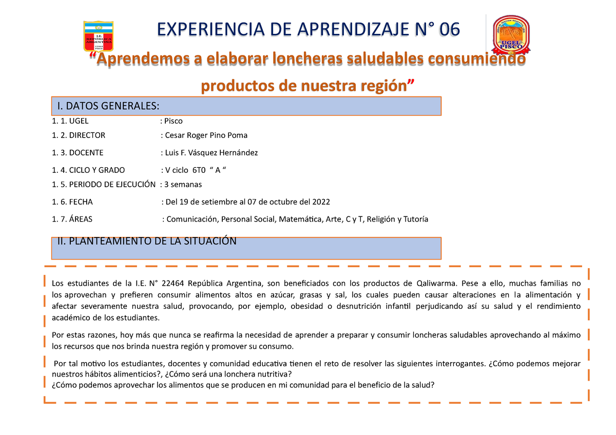 Experiencia DE Aprendizaje N° 6 - EXPERIENCIA DE APRENDIZAJE N° 06 ...