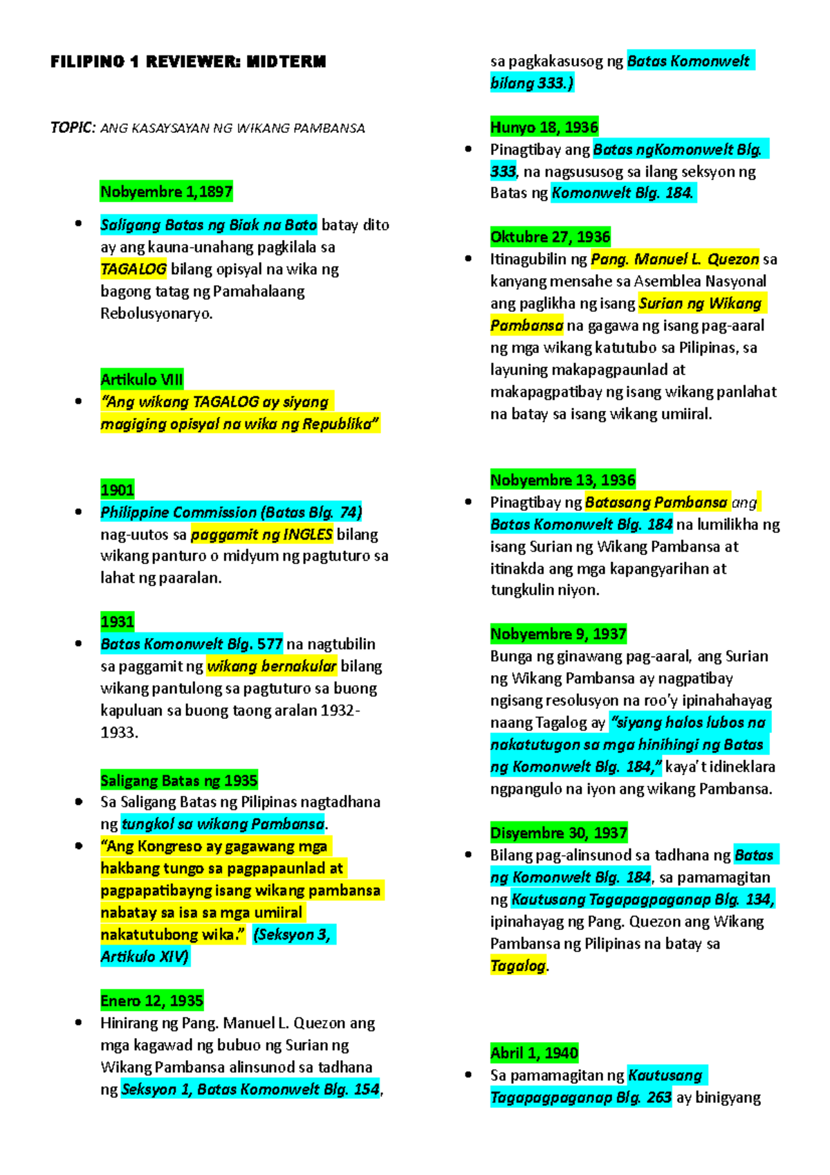 Filipino 1 Reviewer ( Midterm) - FILIPINO 1 REVIEWER: MIDTERM TOPIC ...