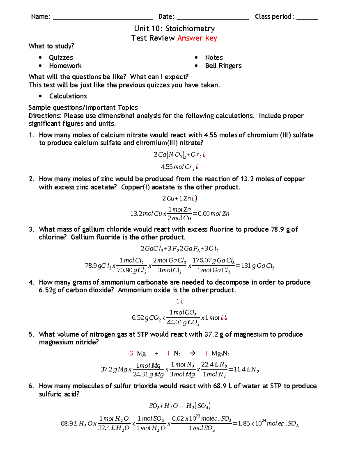 Unit10-Test Review- Answerkey - Name: ____________________________ Date