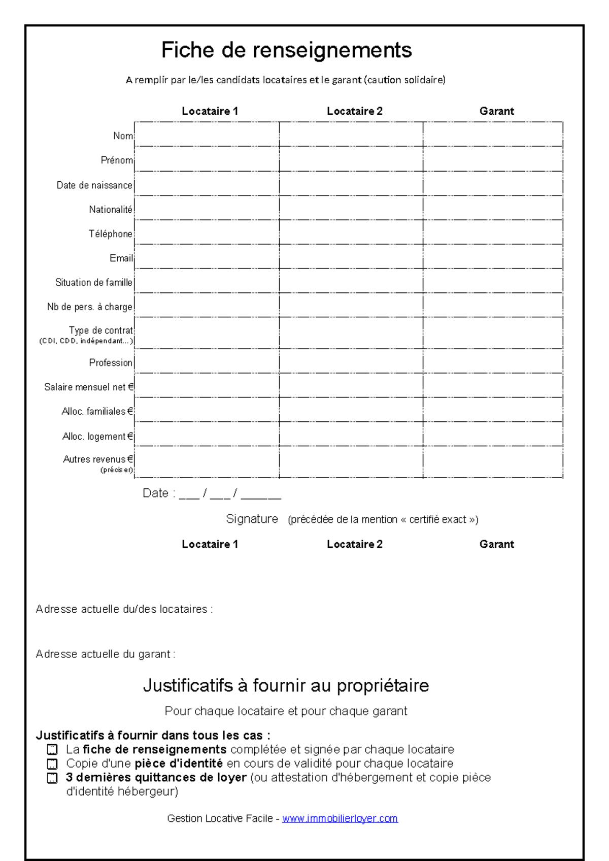 Dossier-locataire - Fiche de renseignements A remplir par le/les ...