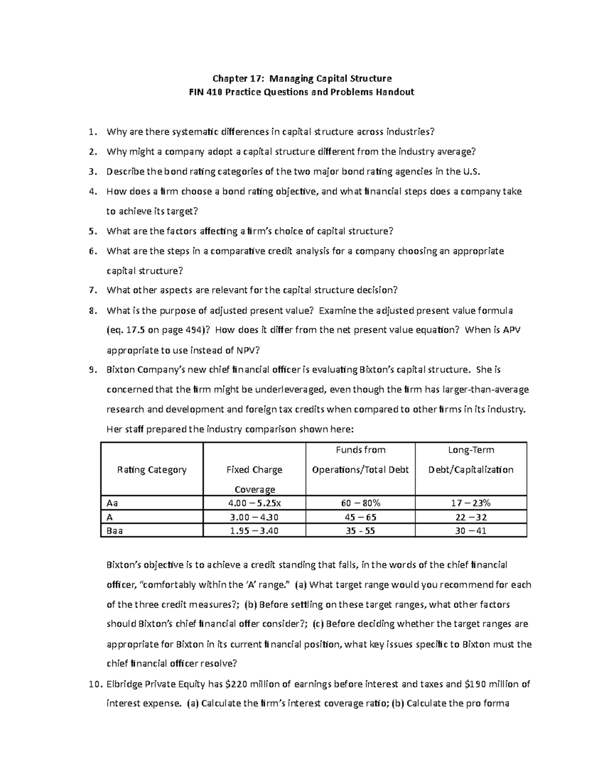 Managing Capital Structure (Chapter 17) Questions and Problems Handout ...