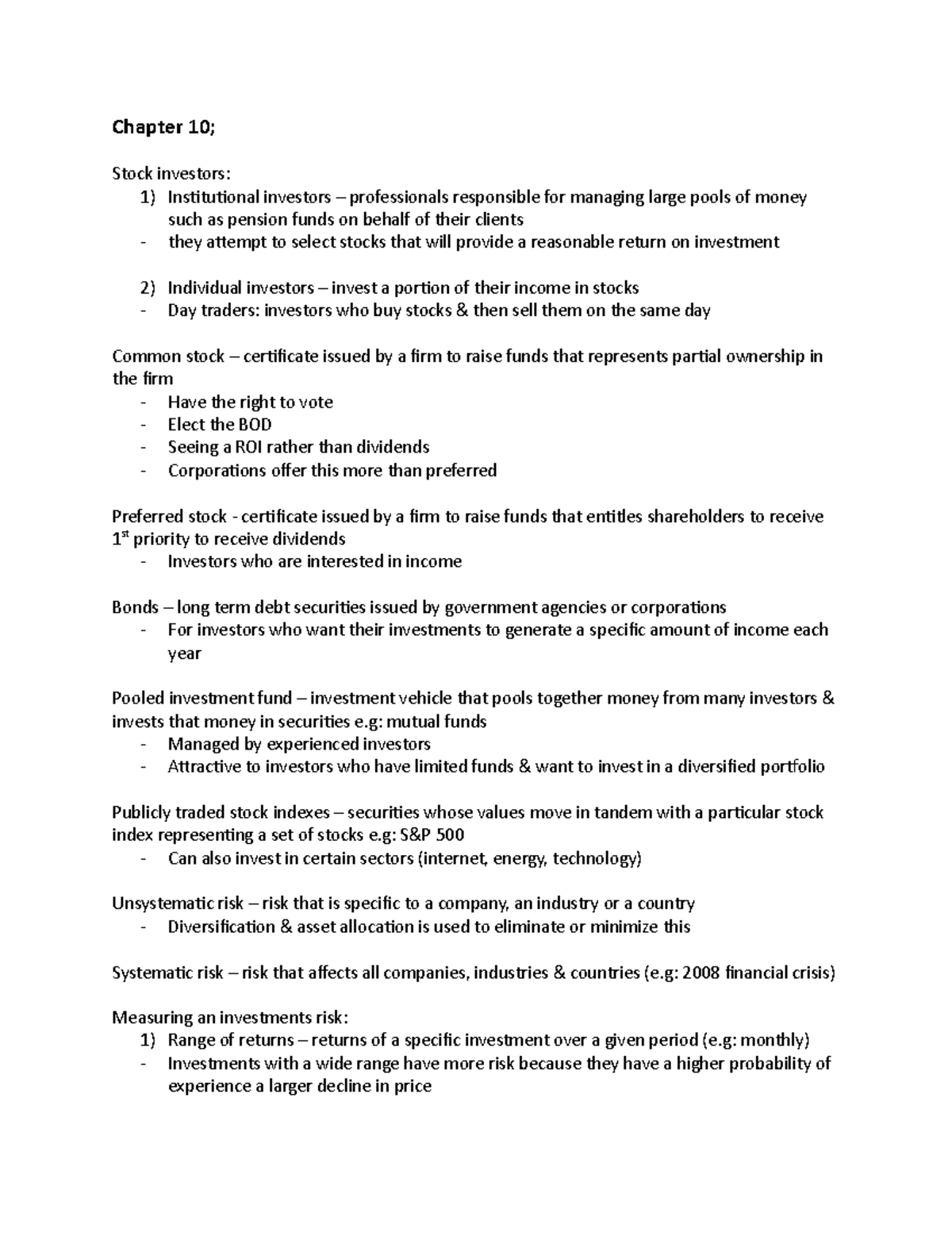 Mos Lecture Notes 10 13 Chapter 10 Stock Investors 1 Institutional Investors Professionals Studocu