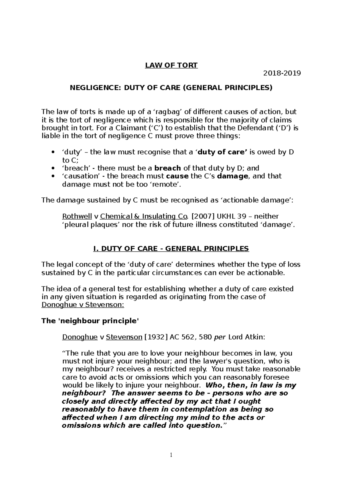 Duty of Care Handout - LAW OF TORT 2018- NEGLIGENCE: DUTY OF CARE ...