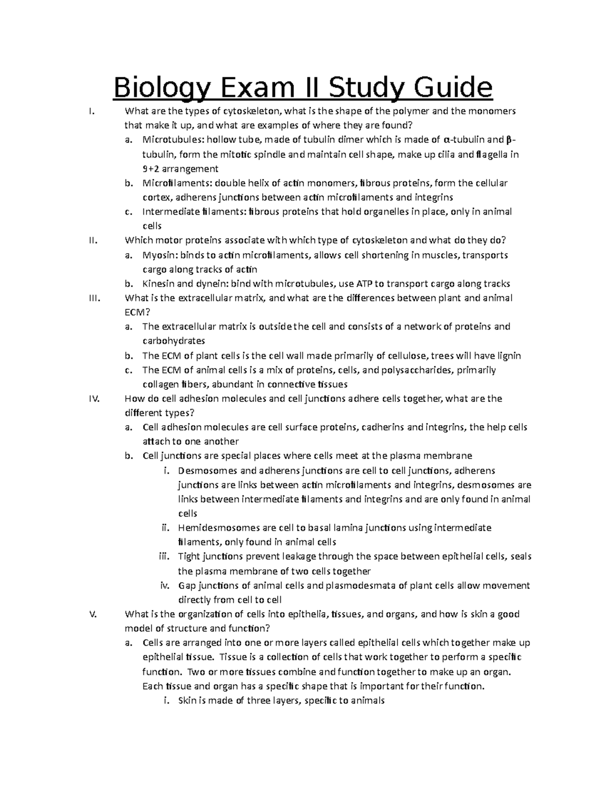 Exam 2 Study Guide - Biology Exam II Study Guide I. II. III. IV. V ...