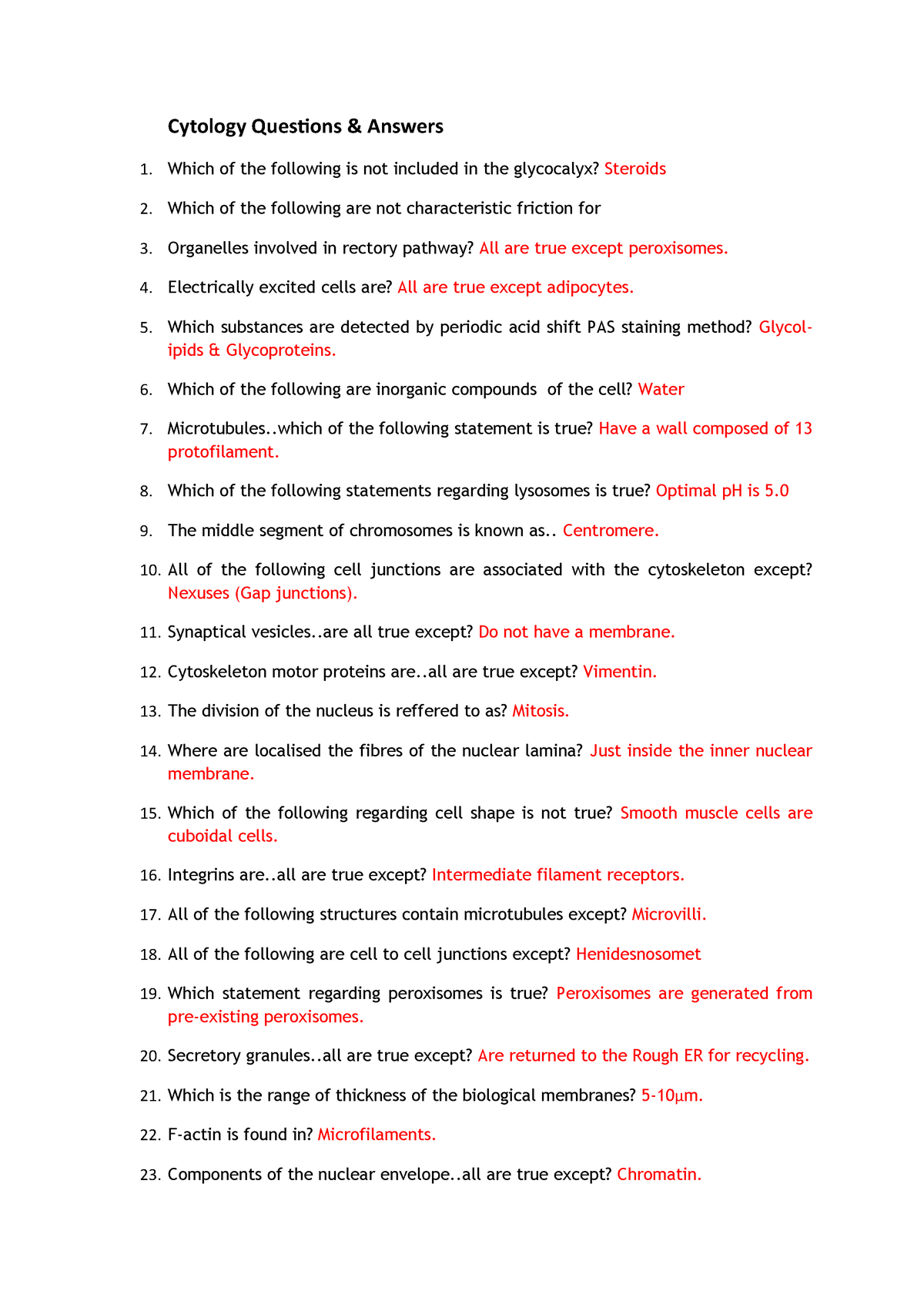 Cytology Questions & Answers - StuDocu