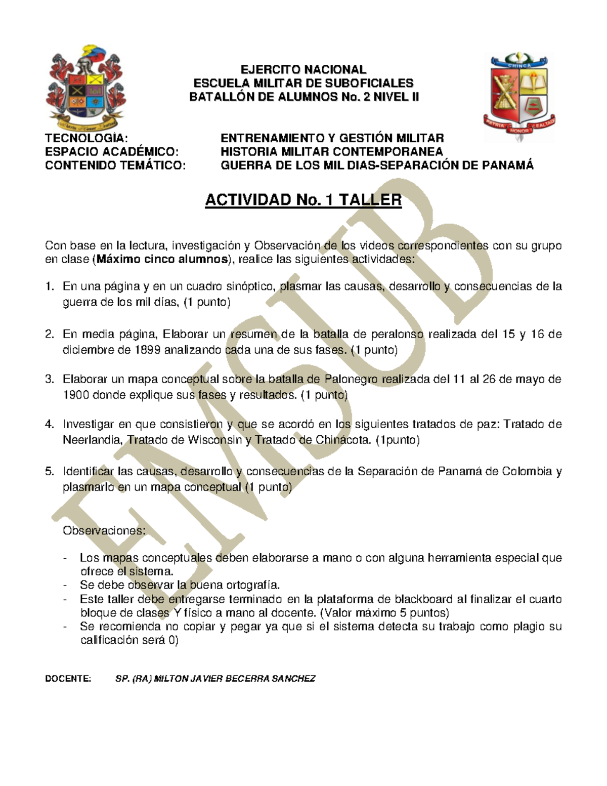 Actividad No. 1 Taller Guerra de los 1000 días EEJJEERRCCIITTOO