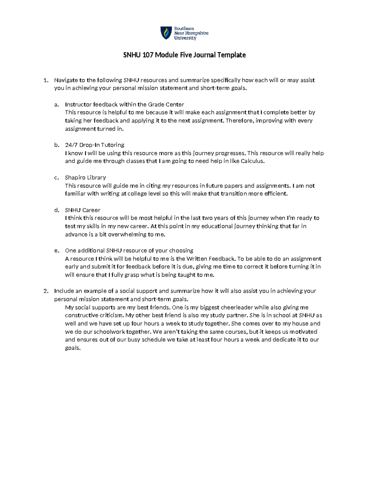 SNHU 107 Module Five Journal Template - Navigate to the following SNHU 