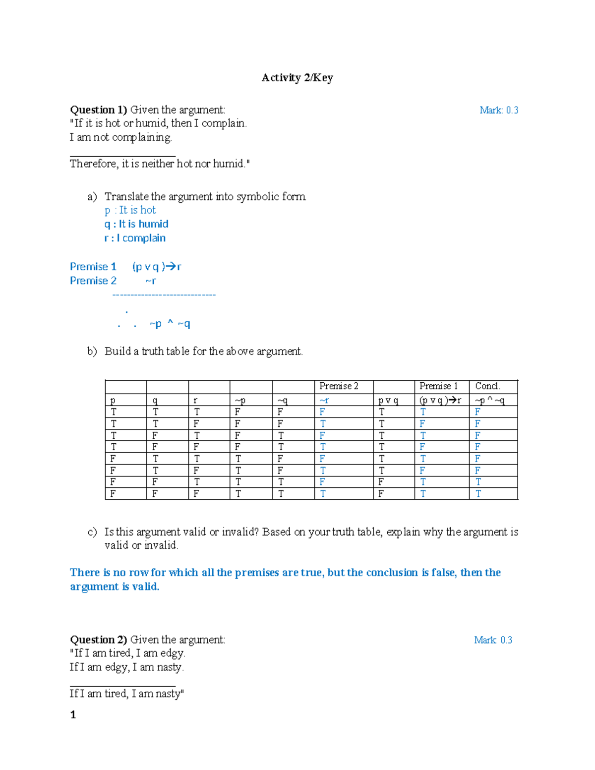 Activity 2 Solution - Activity 2/Key Question 1) Given the argument ...