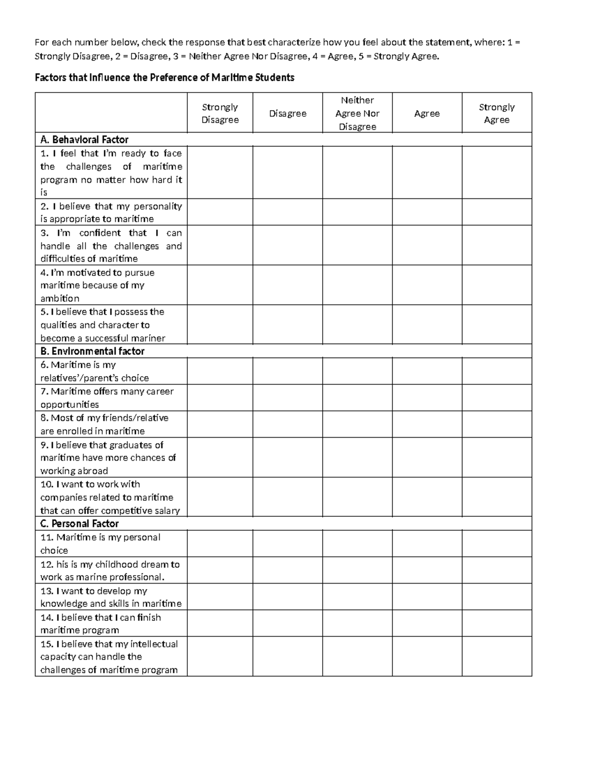 Shem Questionnaire in PR - For each number below, check the response ...