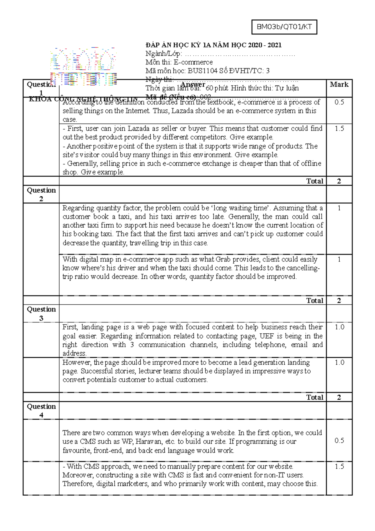 2020 1A Final exam 2 solution BM03b/QT01/KT Question 1