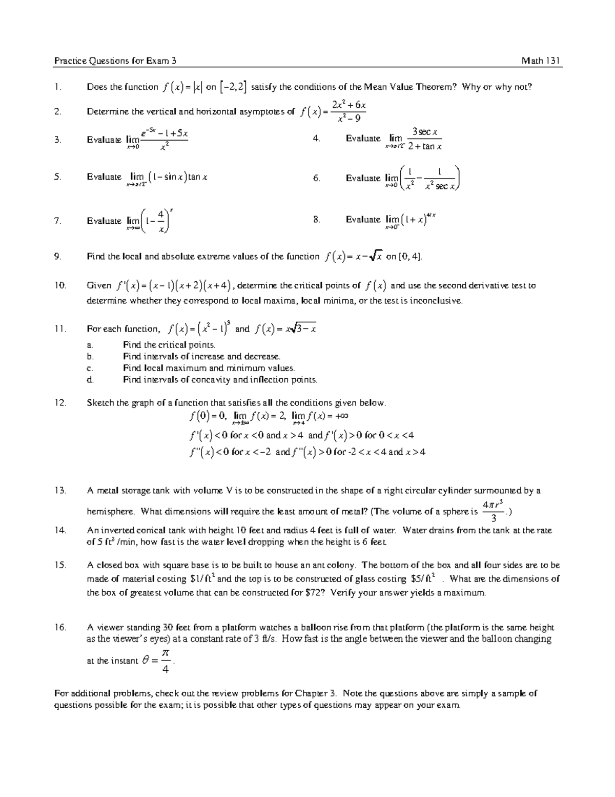 Exam 3 Practice Review Questions for Calculus 1 MATH 1510 - Practice ...