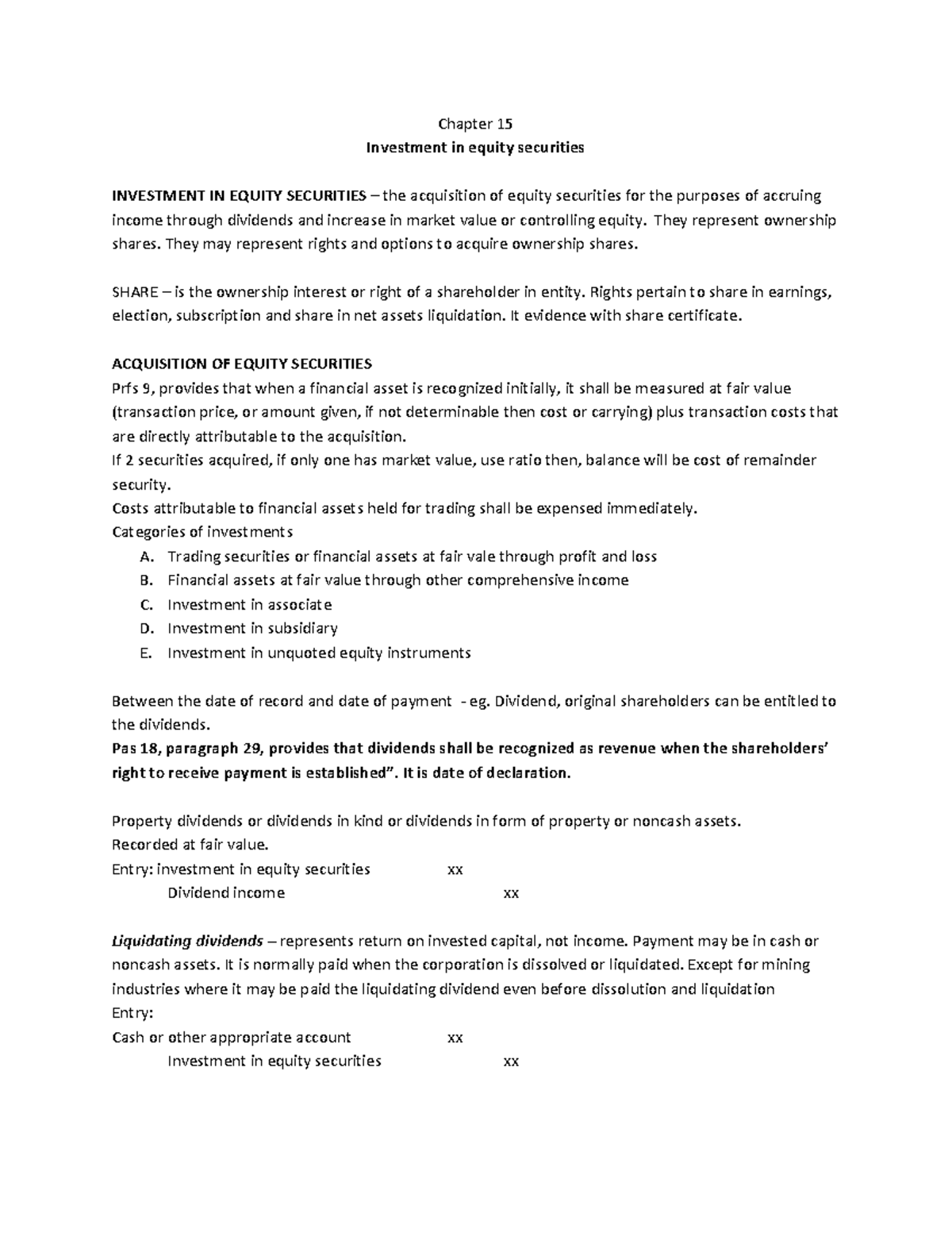 Equity securities - Outline - Chapter 15 Investment in equity ...
