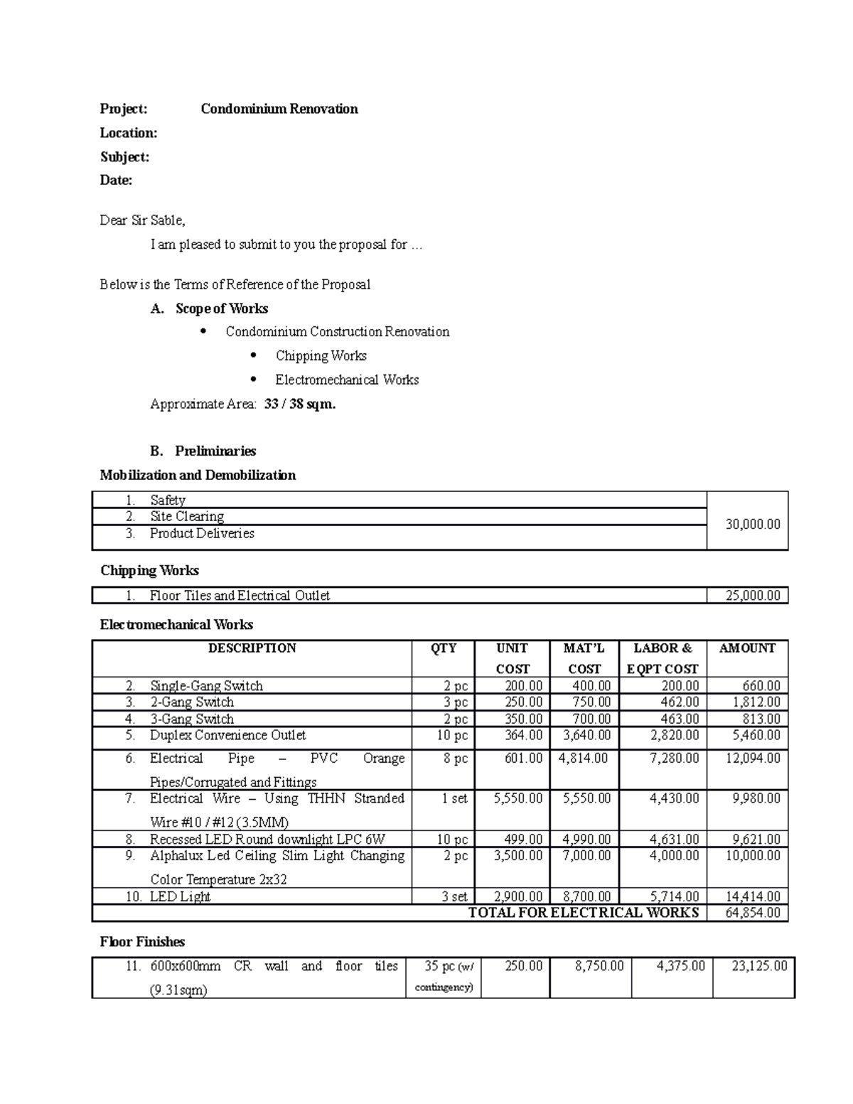 To send sample - Project: Condominium Renovation Location: Subject ...