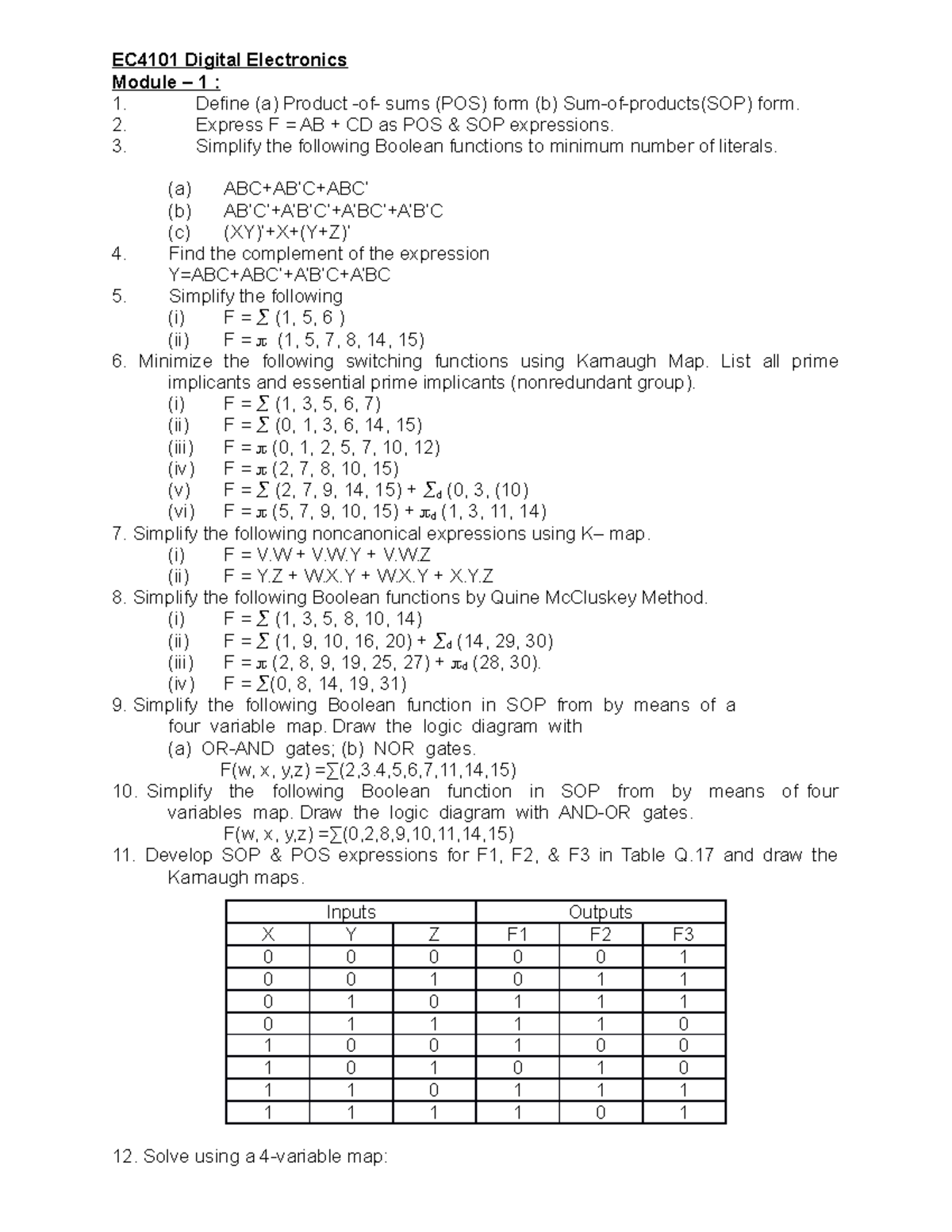 Test 1 EC4101 Digital Electronics Module 1 Define (a) Product of