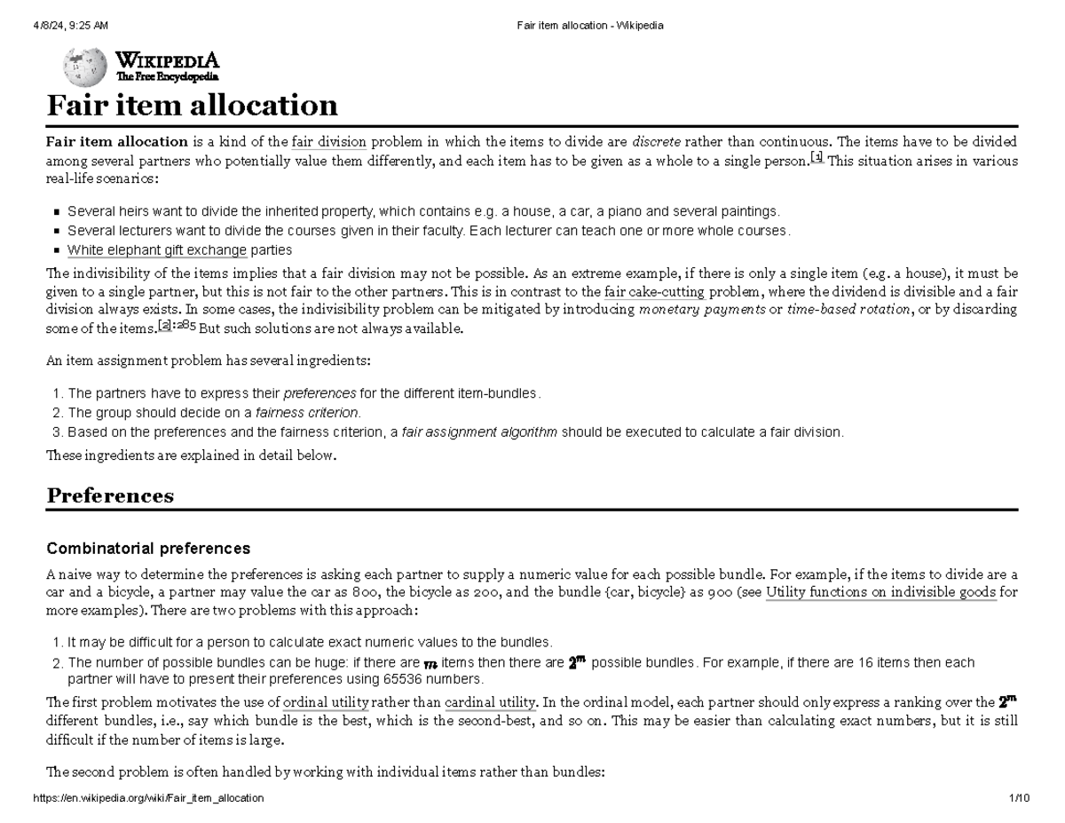 Fair item allocation - Wikipedia - Fair item allocation Fair item ...