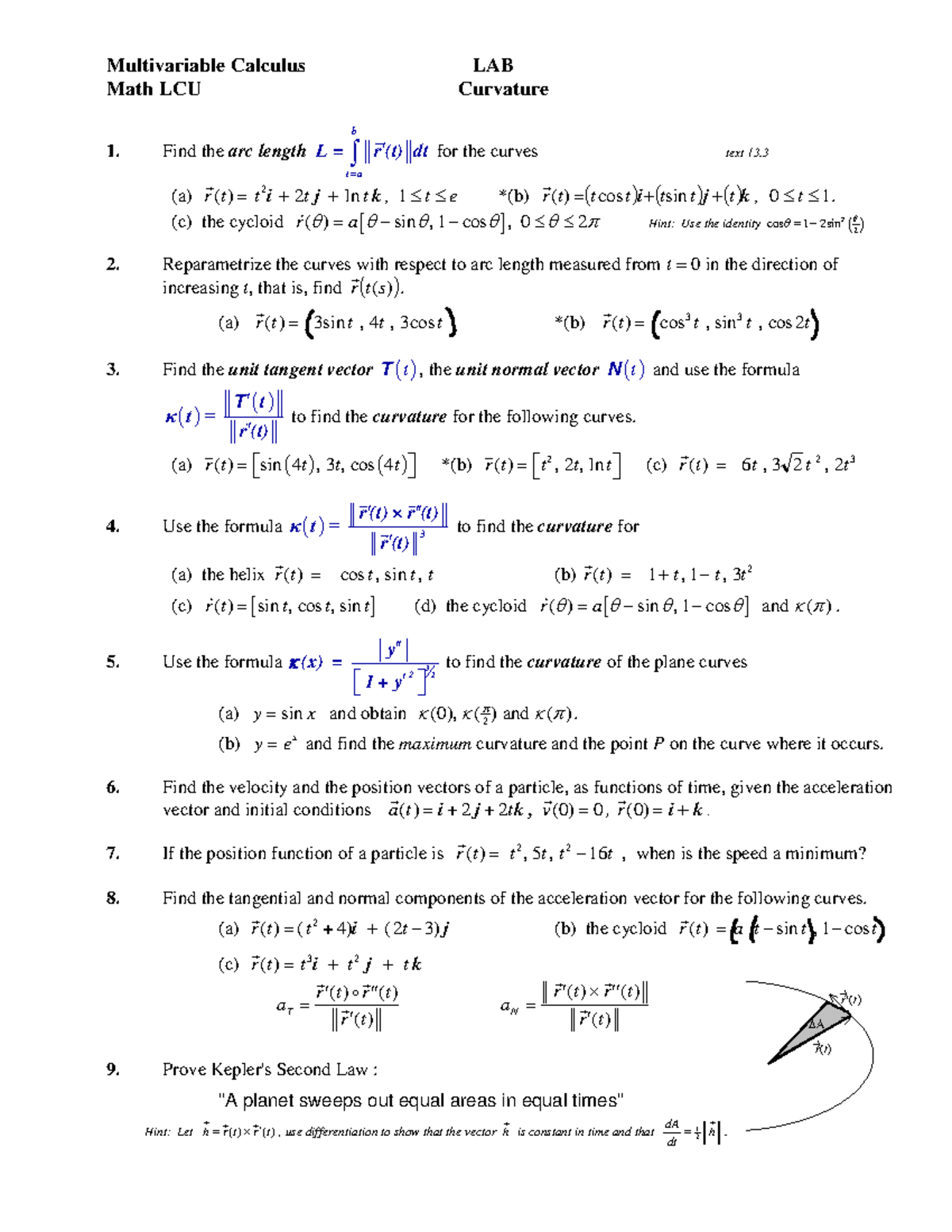 LCU A-20 Lab 6 Curvature - Multivariable Calculus LAB Math LCU ...