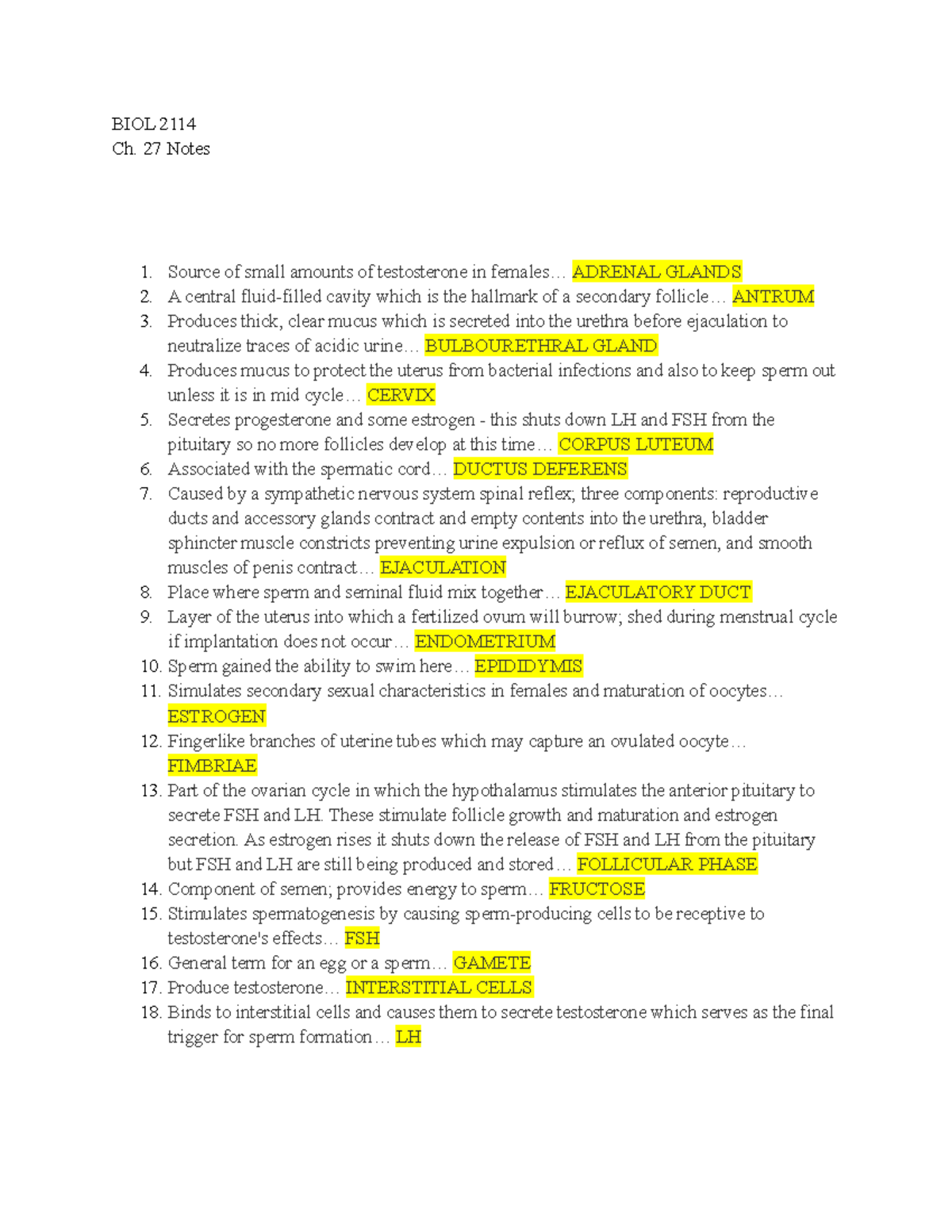 BIOL 2114 Ch. 27 Notes - Anatomy And Physiology II Vocabulary - BIOL ...