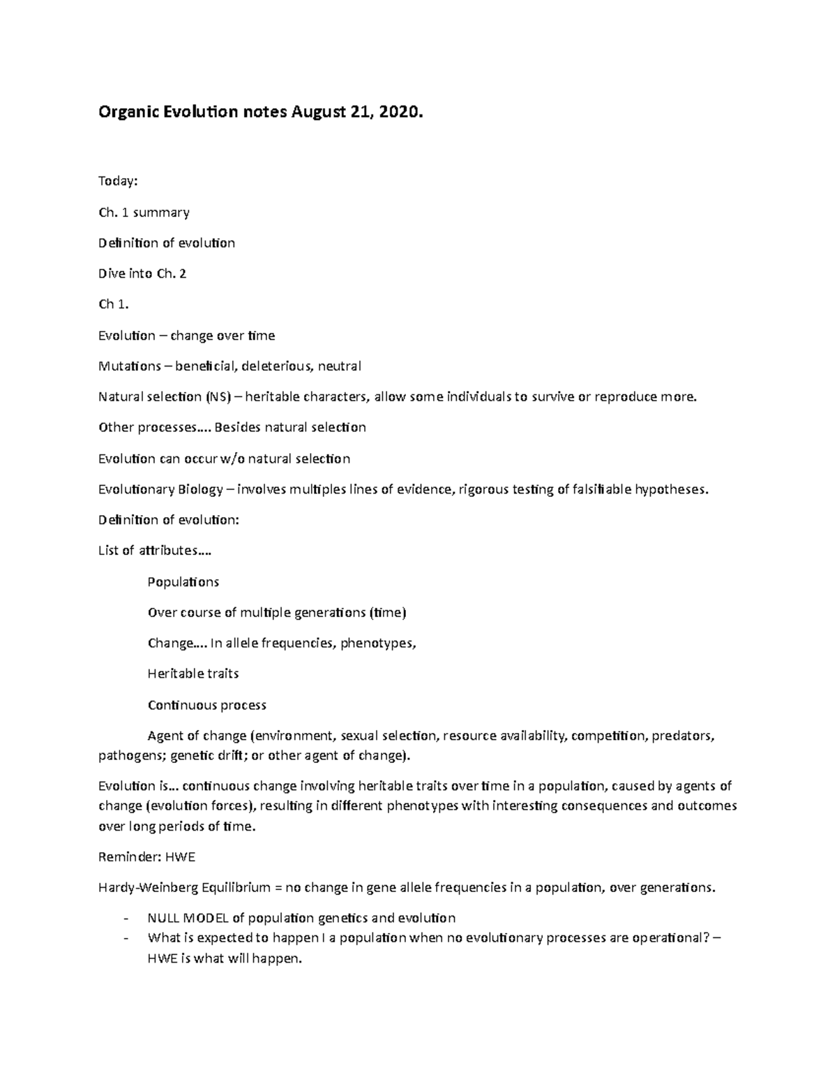 Organic Evolution notes - Today: Ch. 1 summary Definition of evolution ...