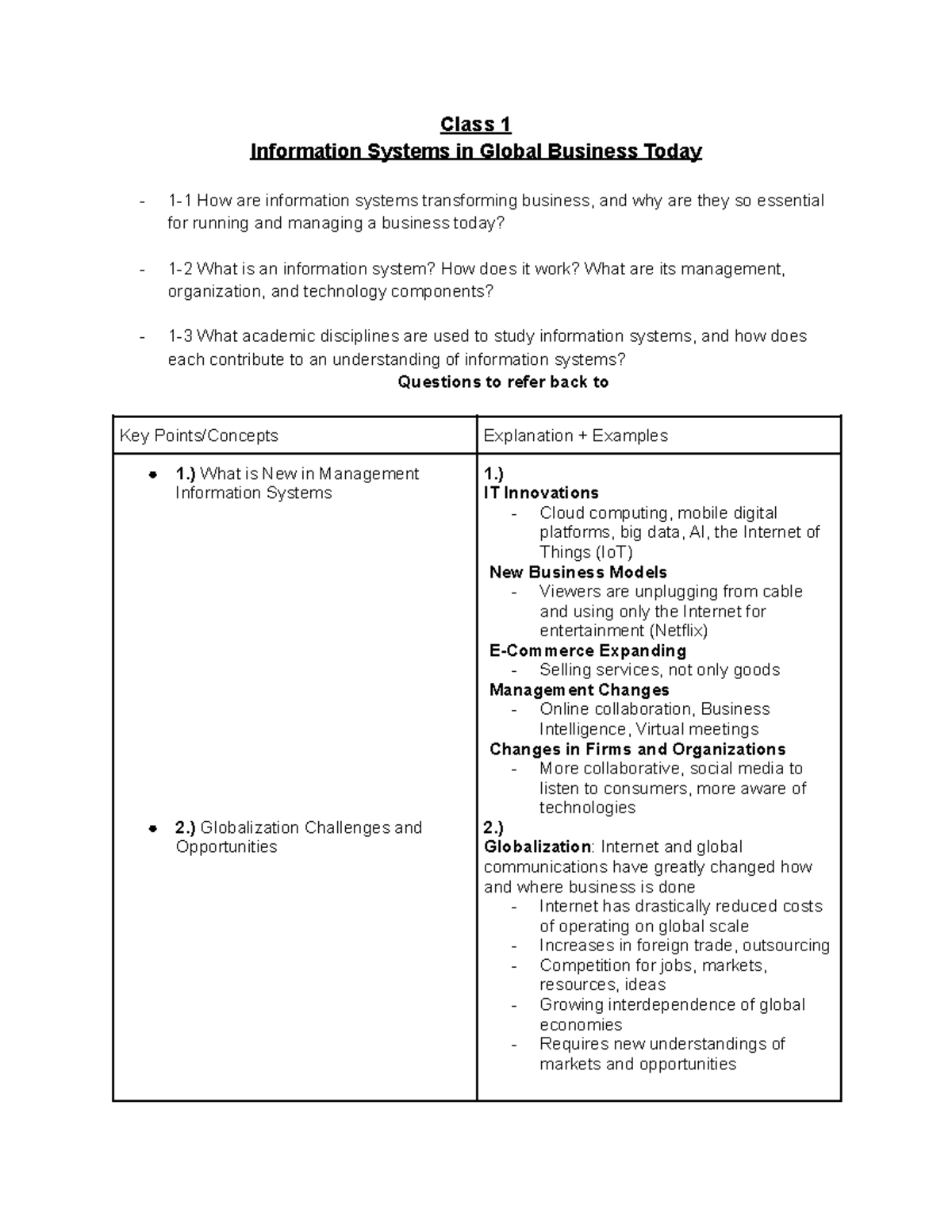 ITM 100 Chapter 1 - Notes - Class 1 Information Systems in Global ...