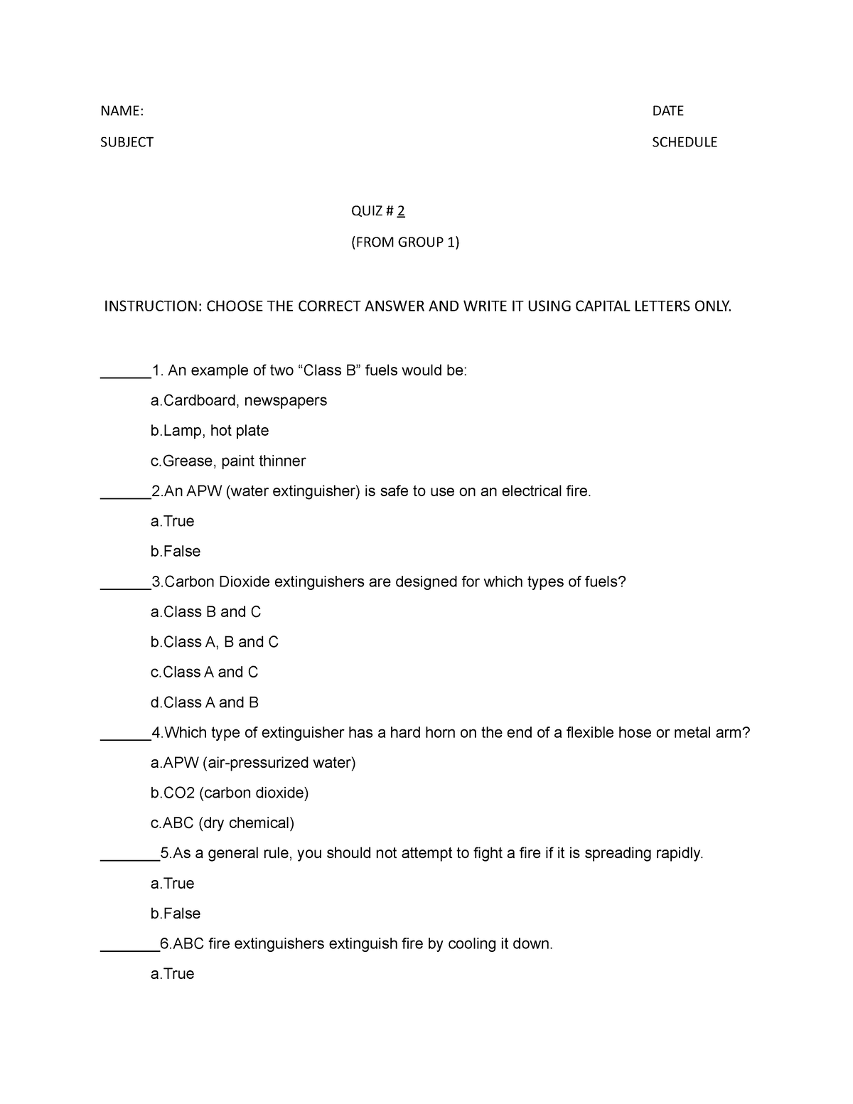 QUIZ #2 { Group 1} - USE FOR REFERENCE - NAME: DATE SUBJECT SCHEDULE ...