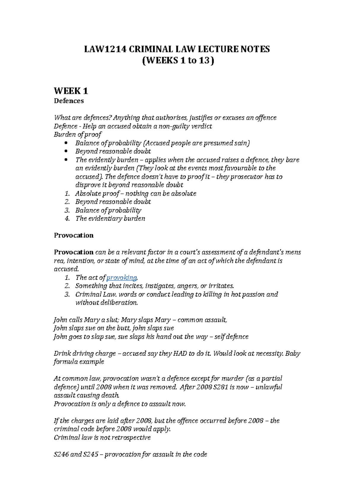 LAW1214 Criminal LAW Lecture Notes (Weeks 1 to 13) - LAW1214 CRIMINAL ...