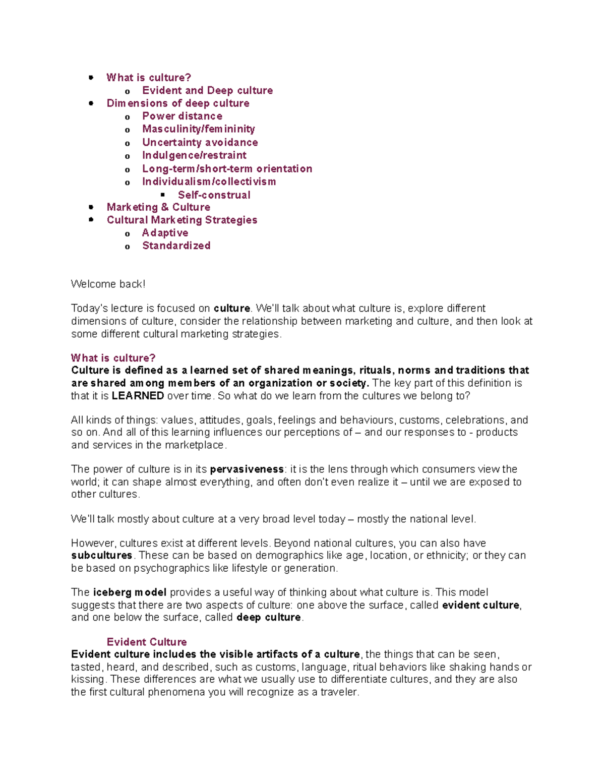 Culture - What is culture? o Evident and Deep culture Dimensions of ...