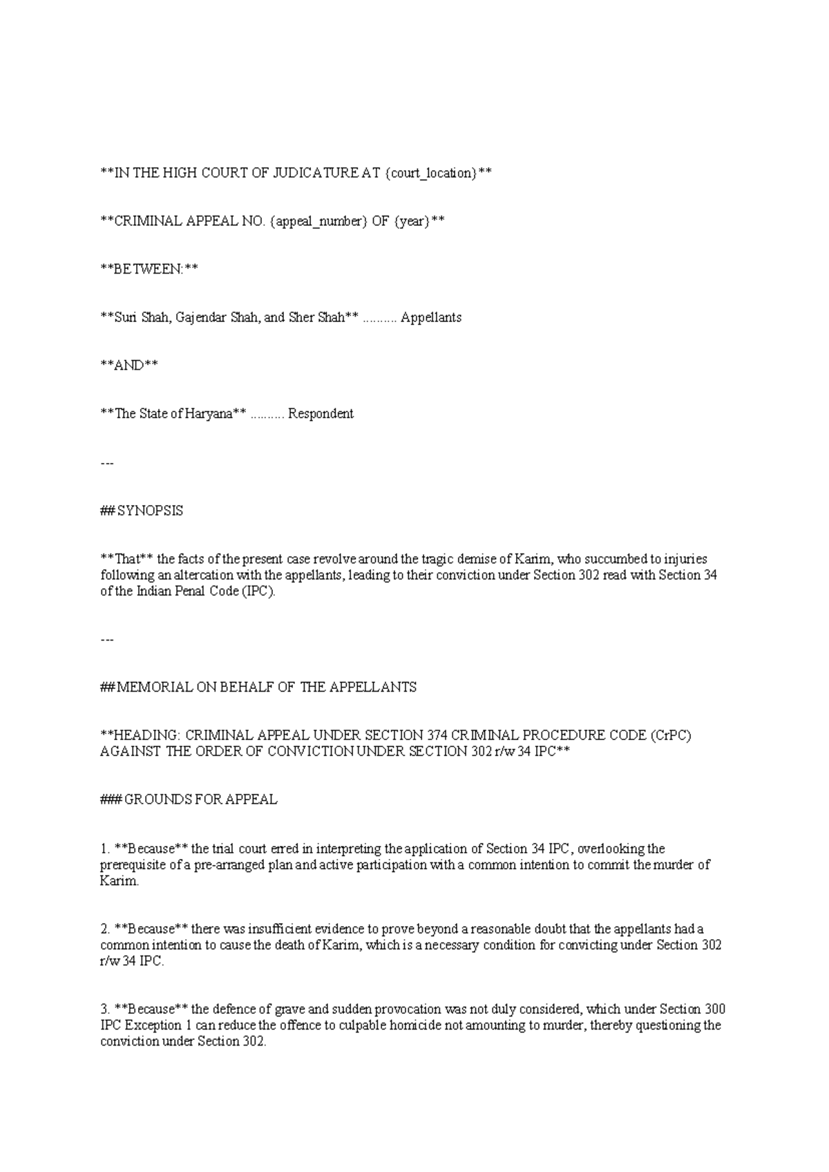 Draft - IN THE HIGH COURT OF JUDICATURE AT {court_location} CRIMINAL ...