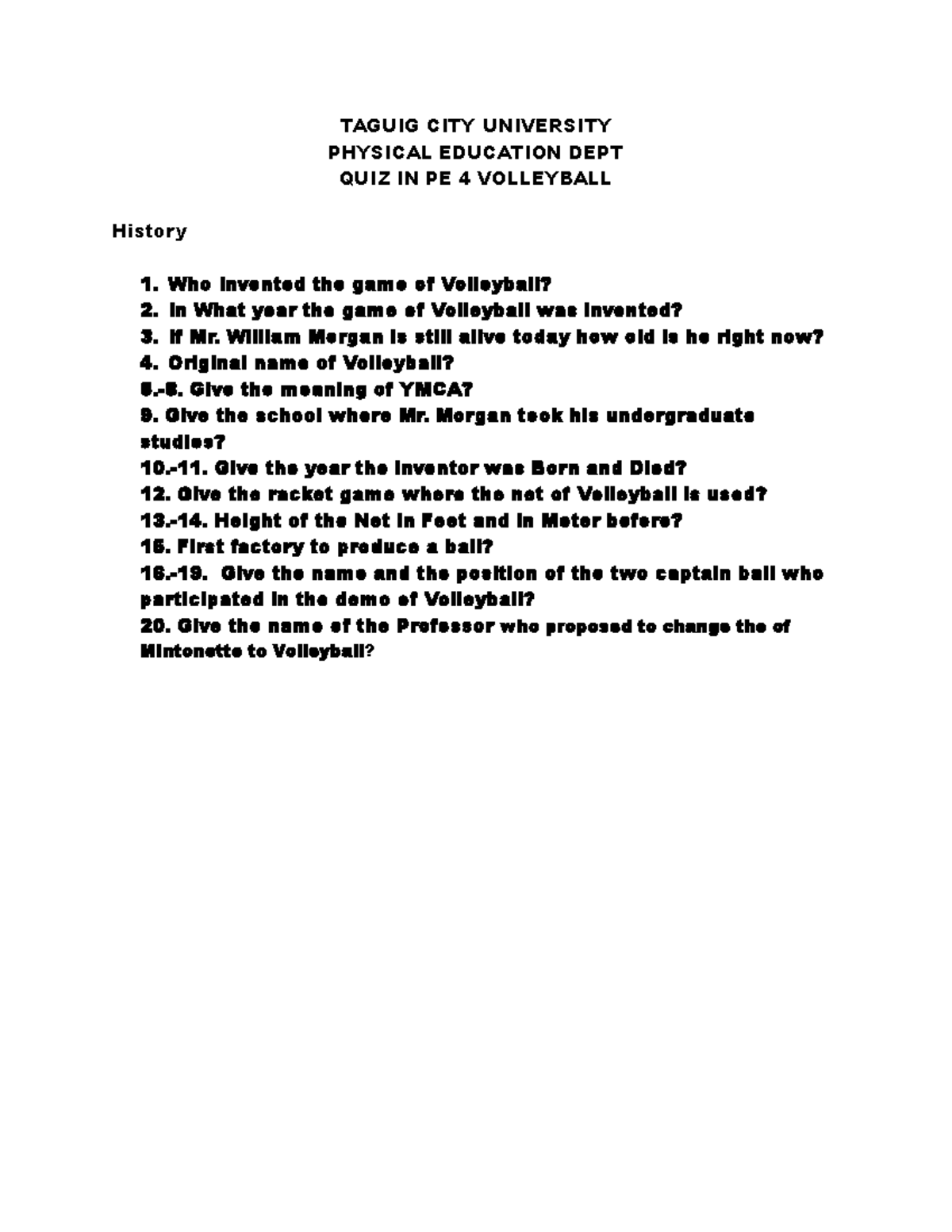 PE 4 Volleyball QUIZ This document is about quiz for PE (volley ball