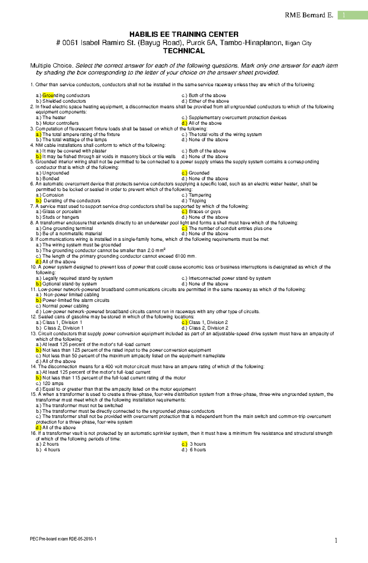 Technical RME Reviewer 2 - PEC Pre-board exam RDE-05-2010-1 1 RME ...