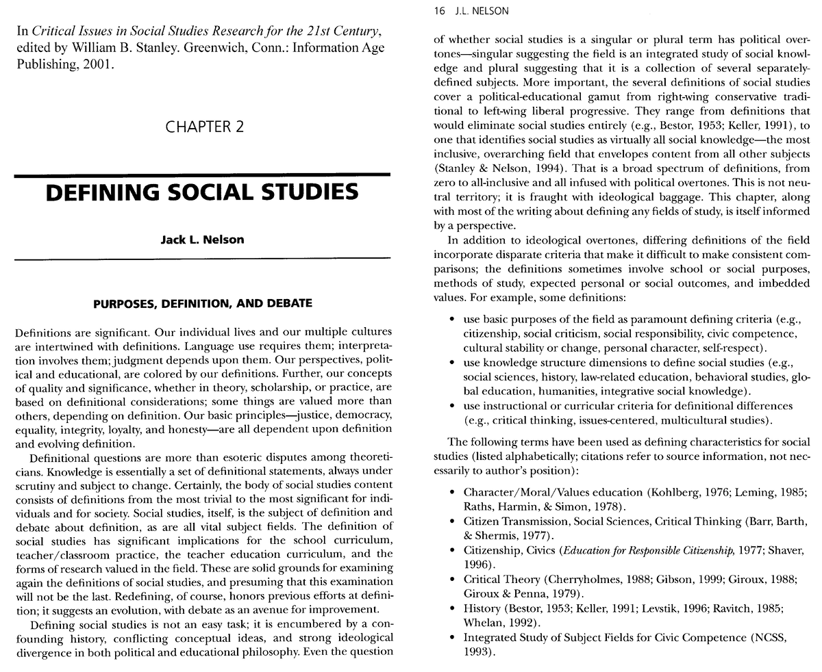 Defining Social Studies Nelson 2001 In Critical Issues In Social 