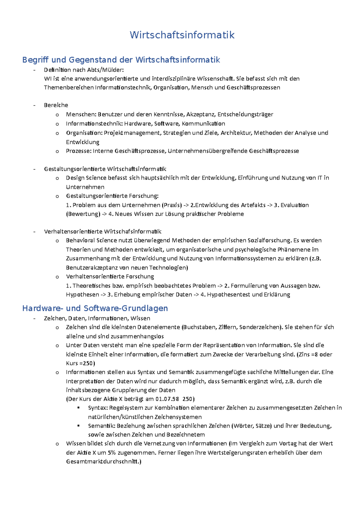 Zusammenfassung Wirtschaftsinformatik 1 - Wirtschaftsinformatik Begriff ...