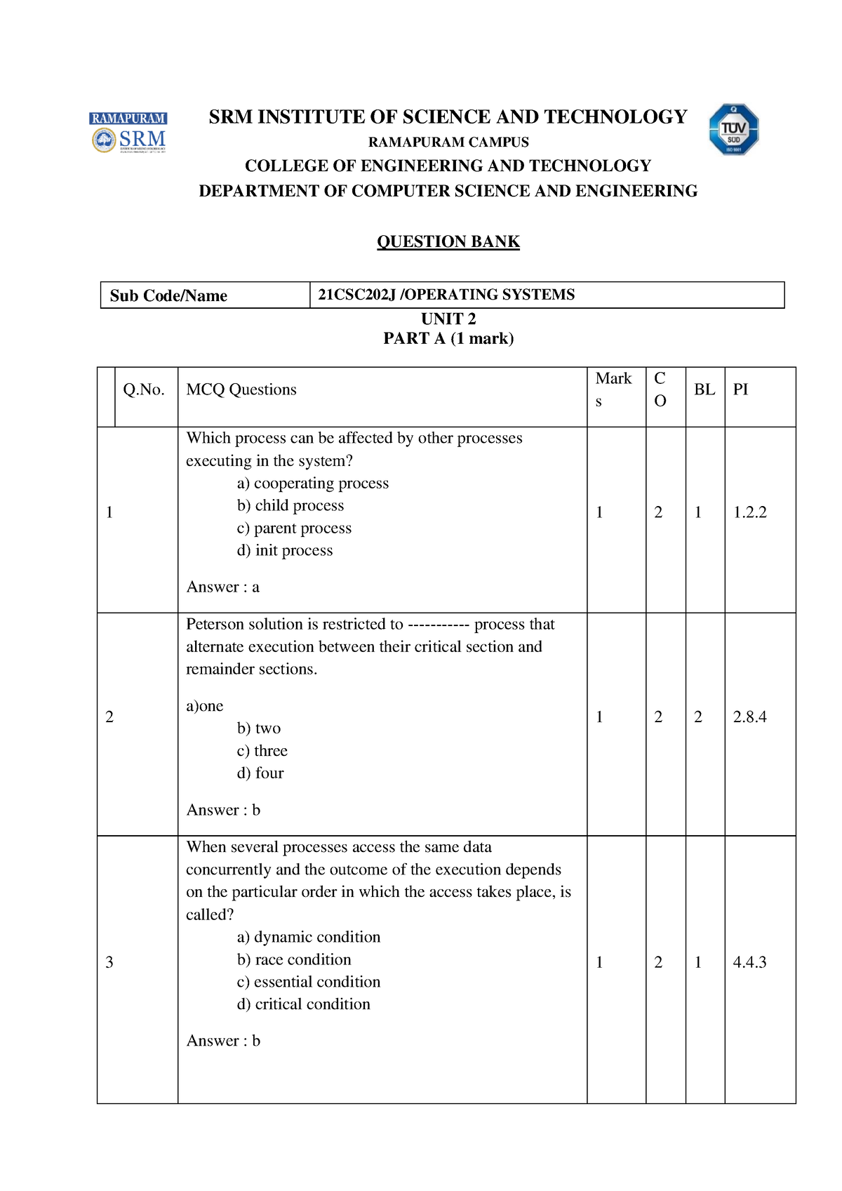 OS Unit 2 Question Bank - PRACTICE MATERIALS - SRM INSTITUTE OF SCIENCE ...