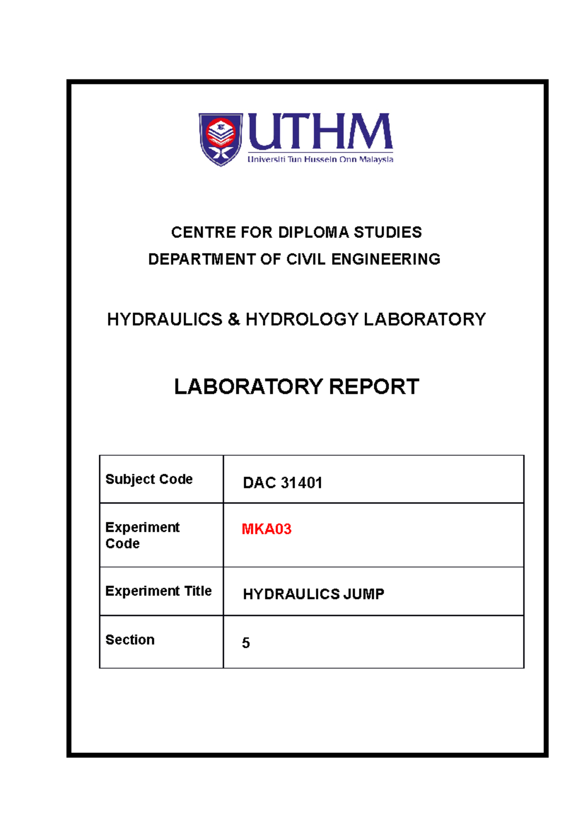 Report Hydraulic Jumps Muhazreen CENTRE FOR DIPLOMA STUDIES