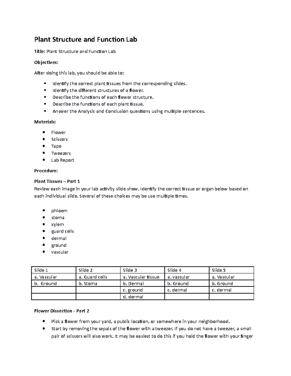 Virtual plants lab report Plant Structure and Function Lab Title