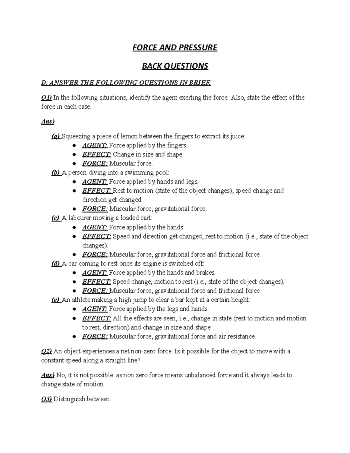Force AND Pressure.back questions docx - FORCE AND PRESSURE BACK ...