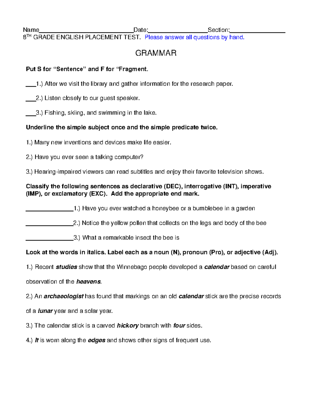 8th diagnostico name 8 th grade english placement test date please
