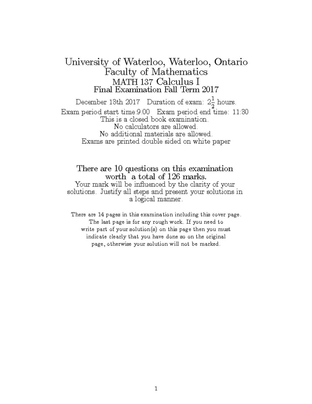 2017 Mock Final 1 - University of Waterloo, Waterloo, Ontario Faculty ...